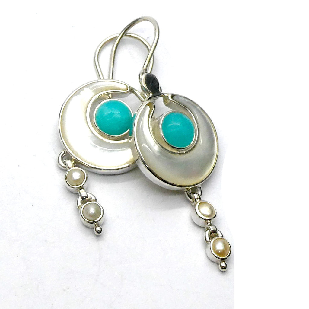 Earrings Mother of Pearl Crescent Moon with Amazonite and Freshwater Pearls | 925 Sterling Silver | Genuine Gems from Crystal Heart Melbourne Australia 1986
