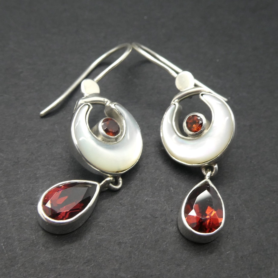 Earrings Mother of Pearl Crescent Moon | Faceted AAA Garnet Teardrops | Hooks | 925 Sterling Silver |Genuine Gems from Crystal Heart Melbourne Australia 1986
