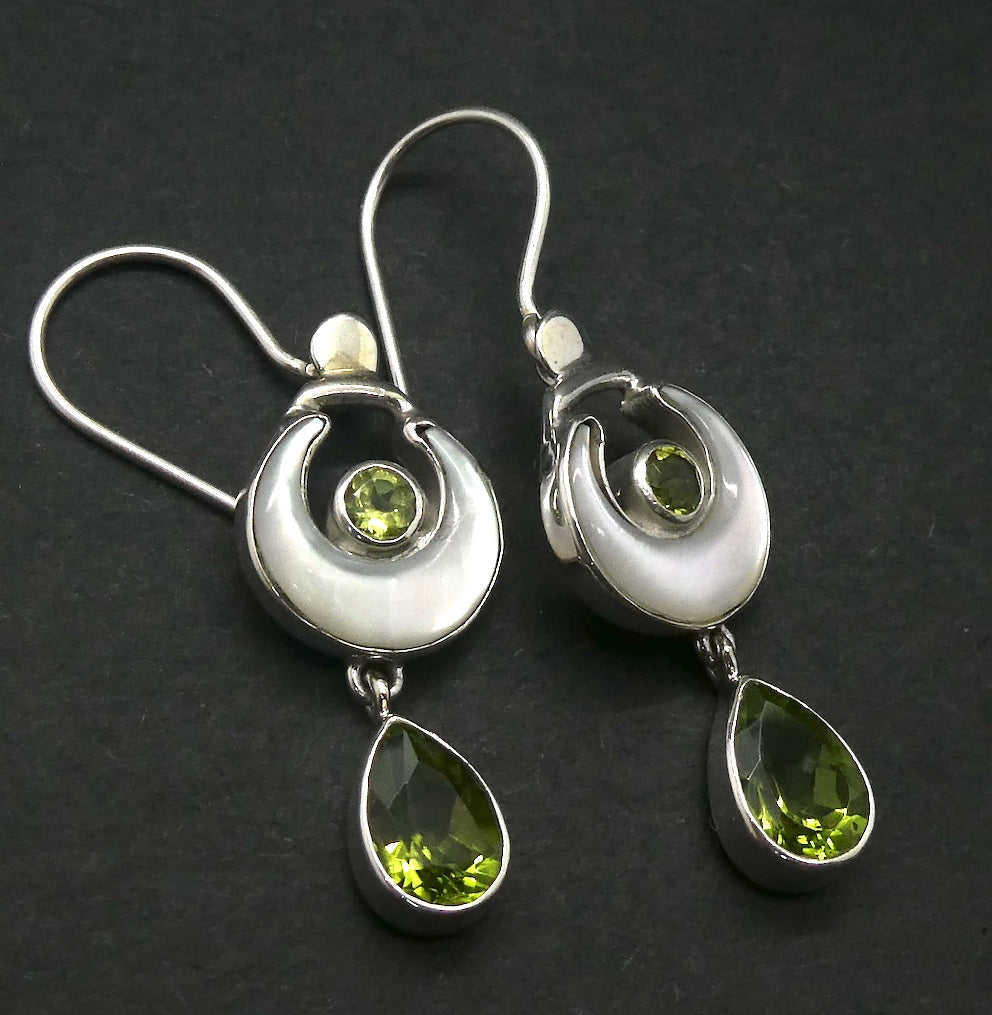 Earrings Mother of Pearl Crescent Moon | Faceted Peridot Teardrops | Hooks | 925 Sterling Silver | Genuine Gems from Crystal Heart Melbourne Australia 1986
