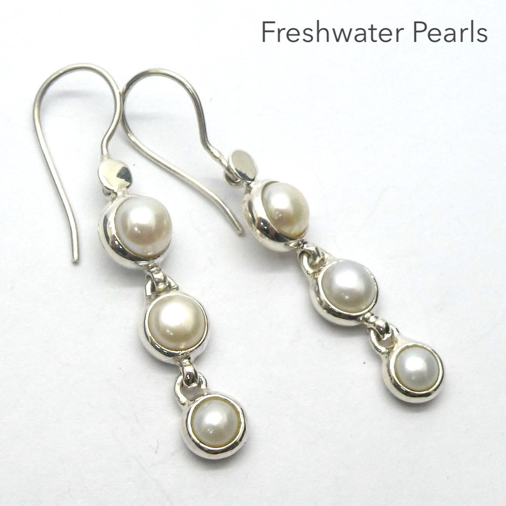 Pearl Earrings | 3 Natural Freshwater Pearls | Dangling in line | 925 Sterling Silver | Bezel set | Genuine Gems from Crystal Heart Melbourne Australia since 1986
