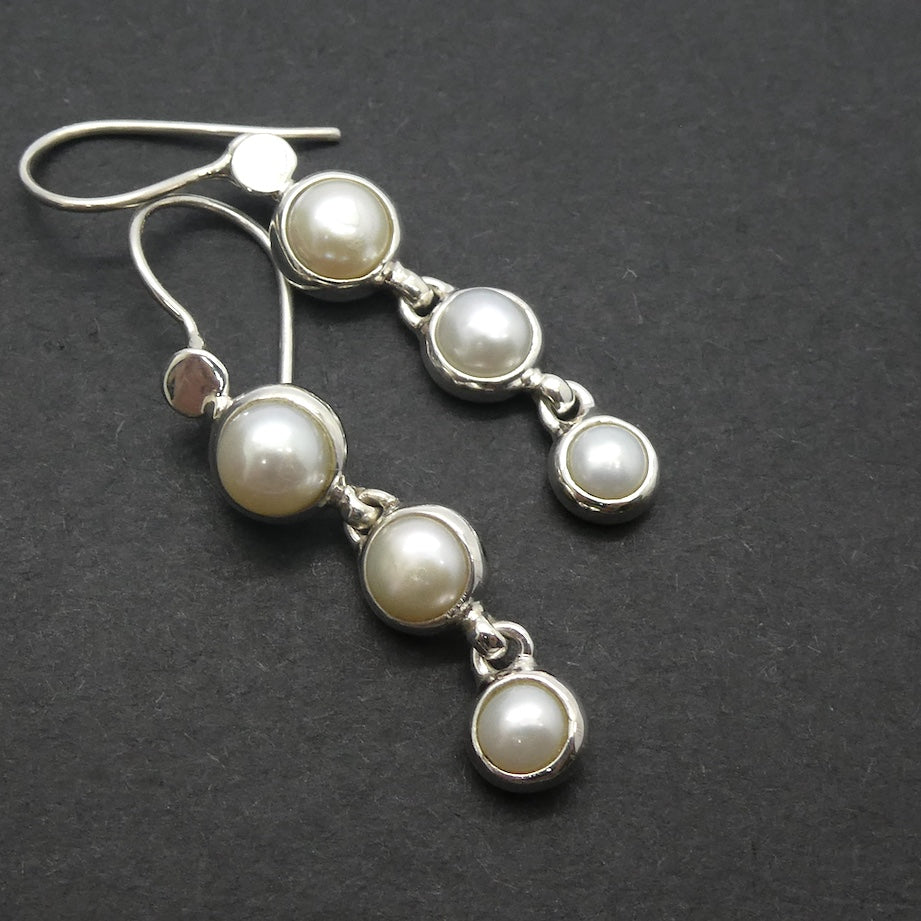 Pearl Earrings | 3 Natural Freshwater Pearls | Dangling in line | 925 Sterling Silver | Bezel set | Genuine Gems from Crystal Heart Melbourne Australia since 1986
