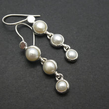 Load image into Gallery viewer, Pearl Earrings | 3 Natural Freshwater Pearls | Dangling in line | 925 Sterling Silver | Bezel set | Genuine Gems from Crystal Heart Melbourne Australia since 1986
