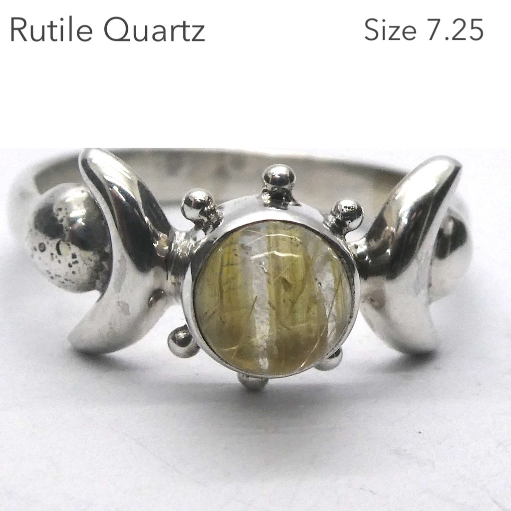 Rutilated Quartz Ring | Gold Angels Hair | Small Round Cabochon |  925 Sterling Silver | US Size 7.25 | AUS O | Crown Chakra | Crystal Heart Australia Est. 1986