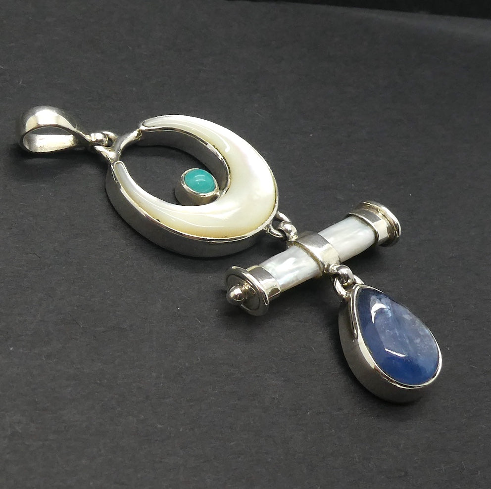  Mother of Pearl Crescent Moon Pendant with Blue Kyanite and Biwa Pearl | 925 Sterling Silver | Genuine Gems from Crystal Heart Melbourne Australia 1986
