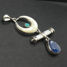 Load image into Gallery viewer,  Mother of Pearl Crescent Moon Pendant with Blue Kyanite and Biwa Pearl | 925 Sterling Silver | Genuine Gems from Crystal Heart Melbourne Australia 1986
