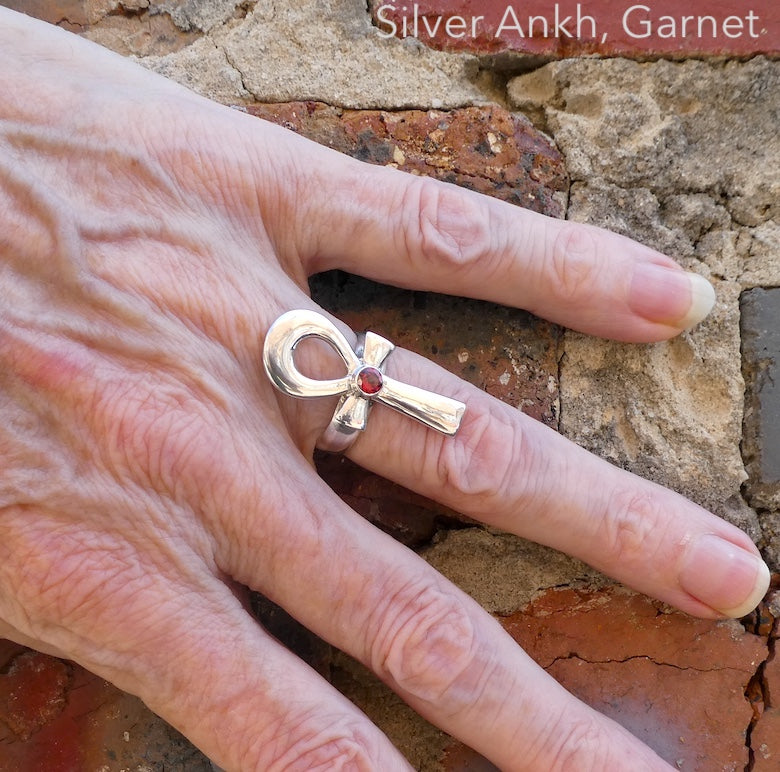 Garnet Ring | Large Ankh | 925 Sterling Silver | US Size 7.75 or 8.75 | AUS  Size P or R | Genuine Gems from Crystal Heart Melbourne Australia since 1986