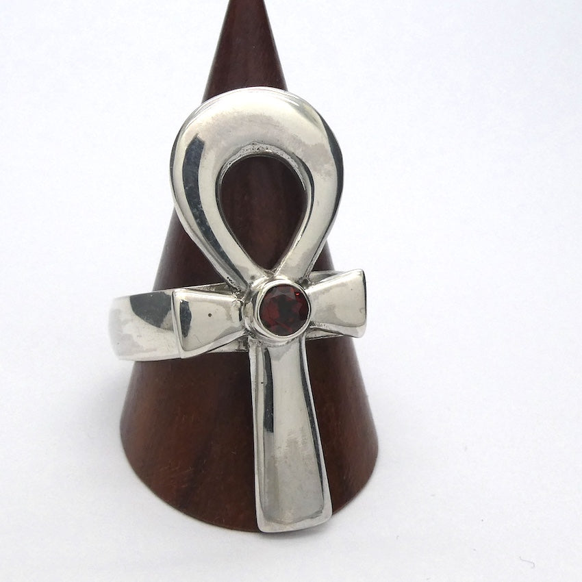 Garnet Ring | Large Ankh | 925 Sterling Silver | US Size 7.75 or 8.75 | AUS  Size P or R | Genuine Gems from Crystal Heart Melbourne Australia since 1986