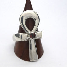 Load image into Gallery viewer, Garnet Ring | Large Ankh | 925 Sterling Silver | US Size 7.75 or 8.75 | AUS  Size P or R | Genuine Gems from Crystal Heart Melbourne Australia since 1986