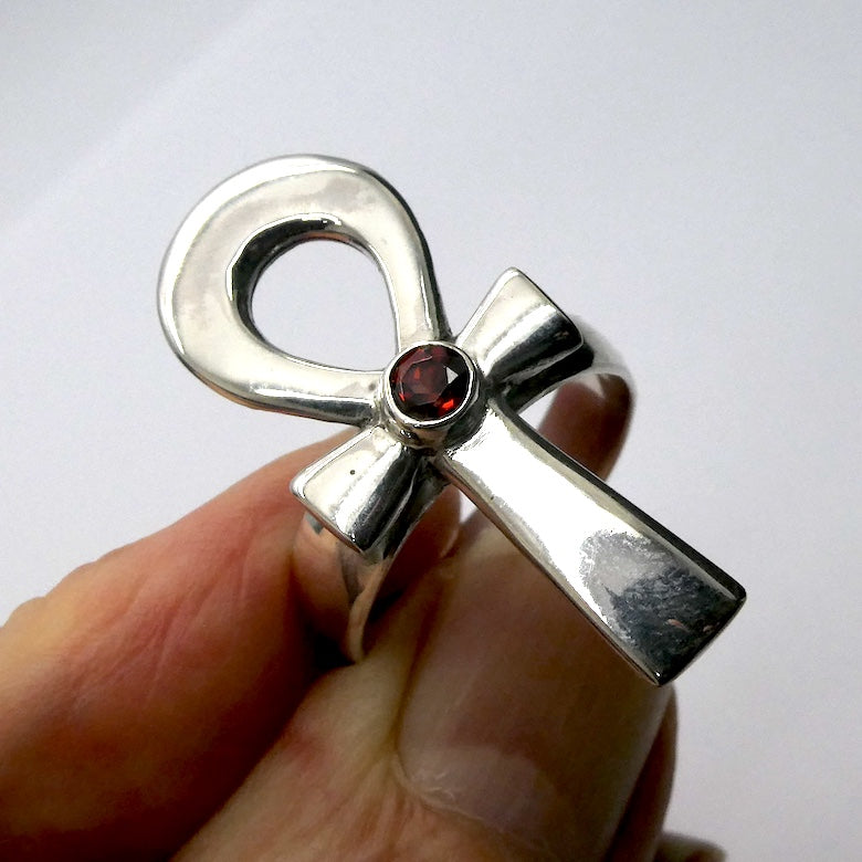 Garnet Ring | Large Ankh | 925 Sterling Silver | US Size 7.75 or 8.75 | AUS  Size P or R | Genuine Gems from Crystal Heart Melbourne Australia since 1986