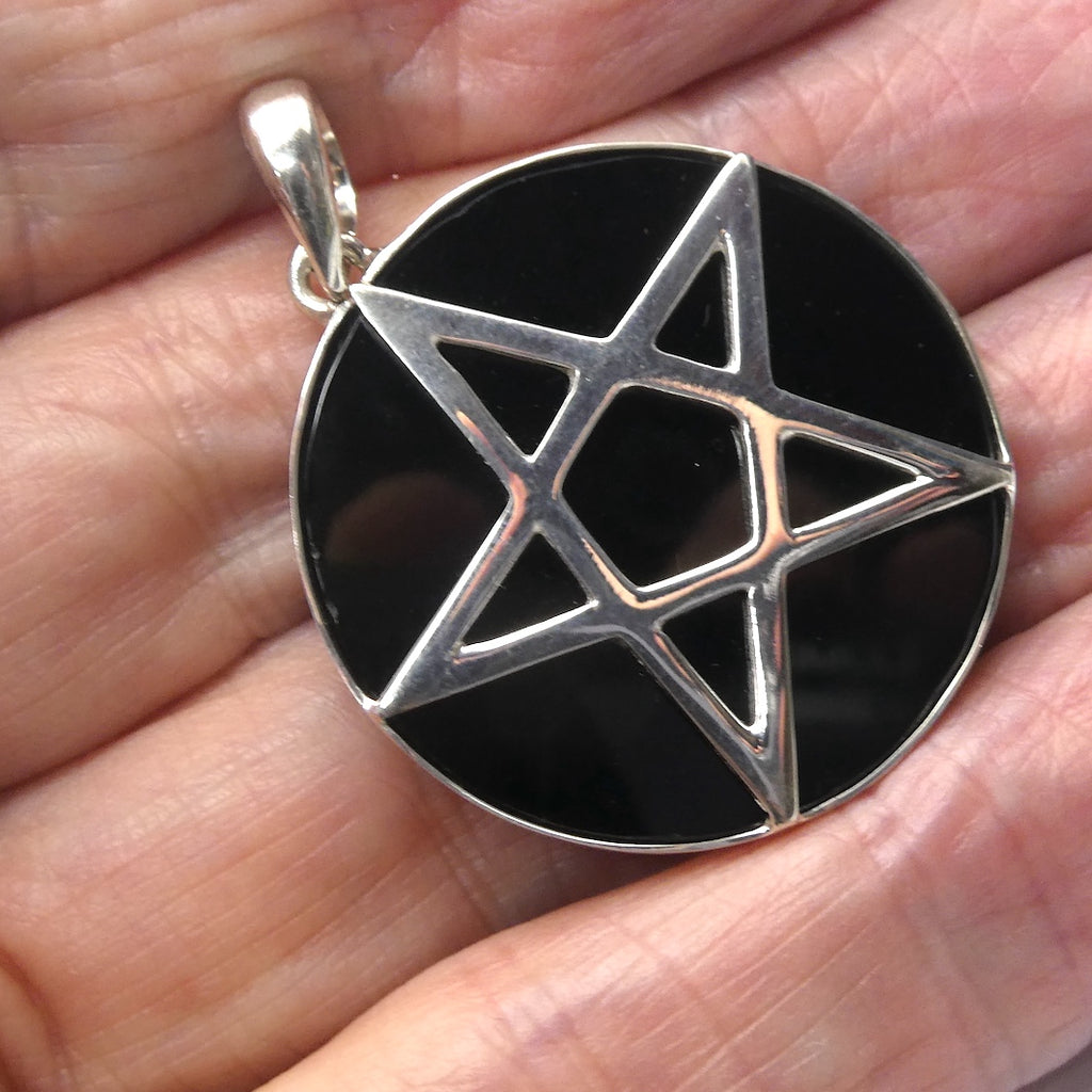 Large Silver Pentacle on Black Onyx Disc Pendant  | 925 Sterling Silver | Wisdom Protection Harmony & Power | Crystal Heart Melbourne Australia since 1986