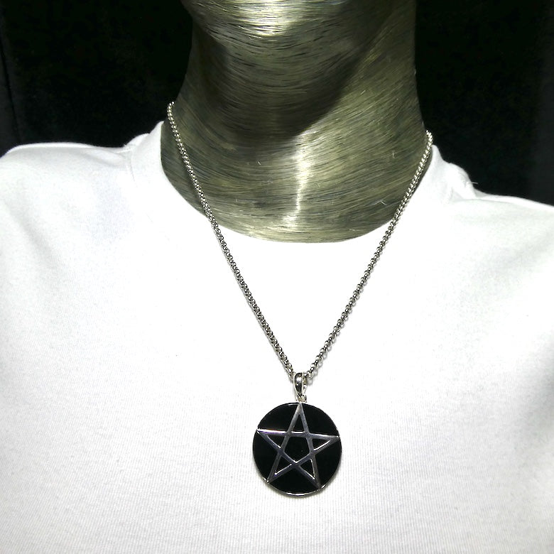 Large Silver Pentacle on Black Onyx Disc Pendant  | 925 Sterling Silver | Wisdom Protection Harmony & Power | Crystal Heart Melbourne Australia since 1986