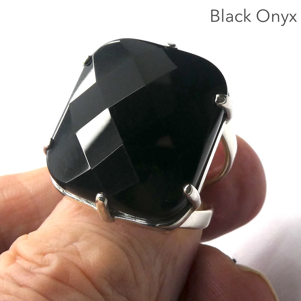 Black Onyx Ring | 925 Sterling Silver|  Large Square Faceted | US Size 9 | Personally Empowering | Genuine Gems from Crystal Heart Melbourne Australia Est 1986