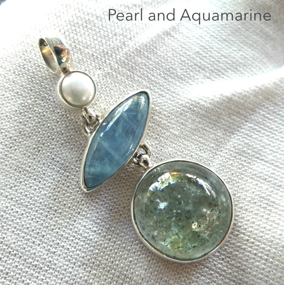 Aquamarine Pendant & Pearl | 925 Sterling Silver | Emotional communication uplift Heart | Genuine Gems Crystal Heart Melbourne Australia est 1986