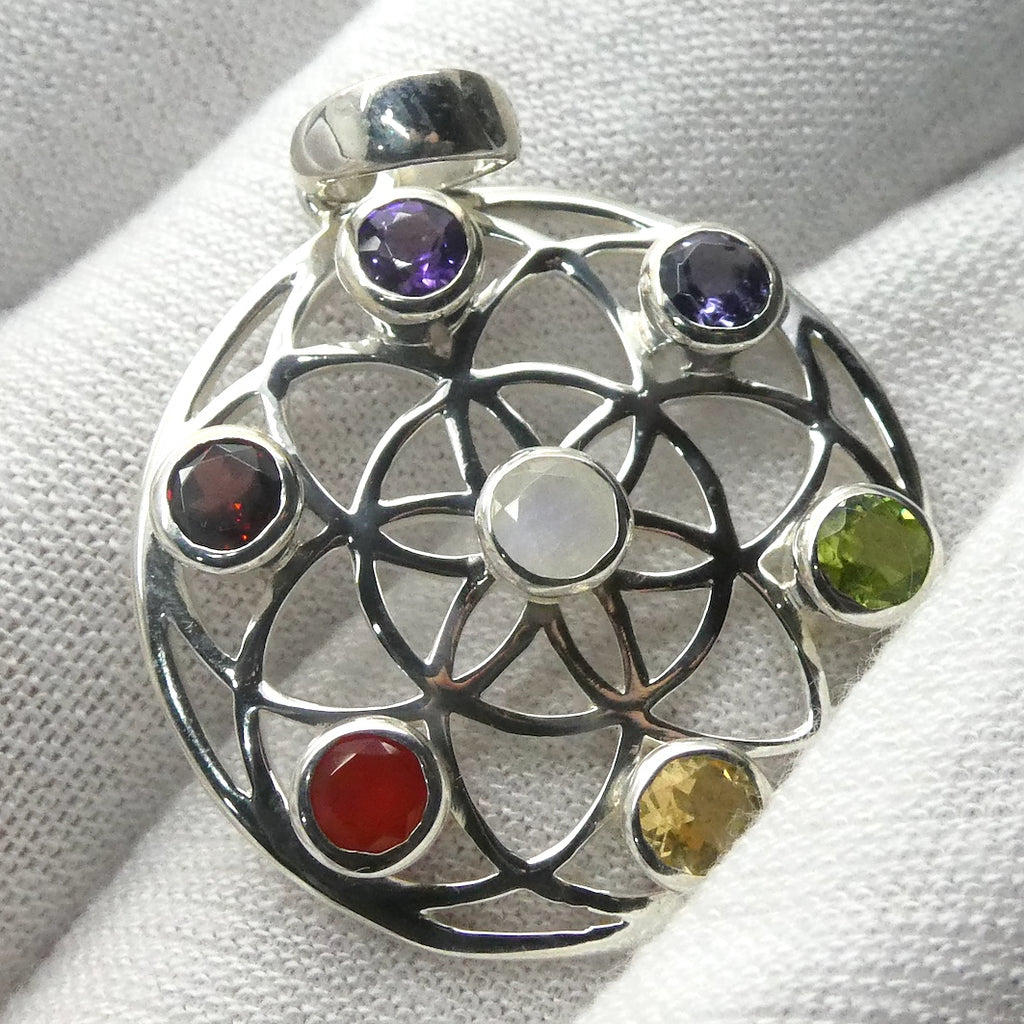 Chakra Pendant | Seed of Life | Amethyst, Carnelian, Garnet, Iolite, Peridot, Citrine, Blue Topaz | 925 Silver | Crystal Heart Melbourne Australia est 1986