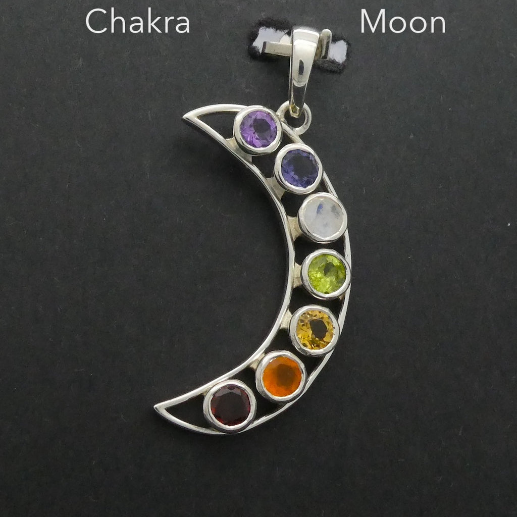 Chakra Moon Pendant | 925 Sterling Silver | Rainbow of Genuine Gemstones | Crystal Heart Melbourne Australia since 1986