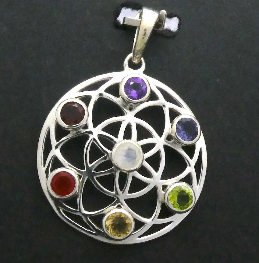 Chakra Pendant | Seed of Life | Amethyst, Carnelian, Garnet, Iolite, Peridot, Citrine, Blue Topaz | 925 Silver | Crystal Heart Melbourne Australia est 1986