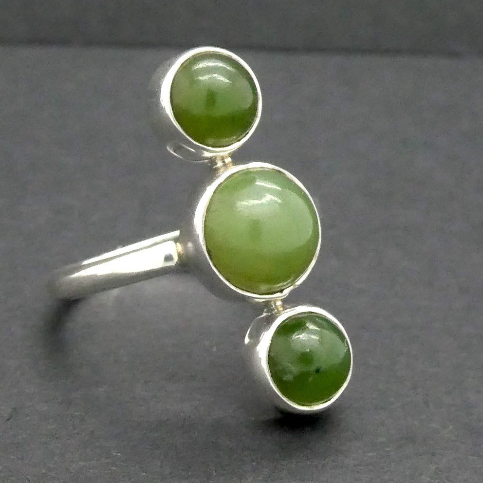 Nephrite Jade Ring | 3 round cabochons in line | 925 Sterling Silver | US Ring Size 7.25 | AUS Size O | Crystal Heart Melbourne Australia Est 1986