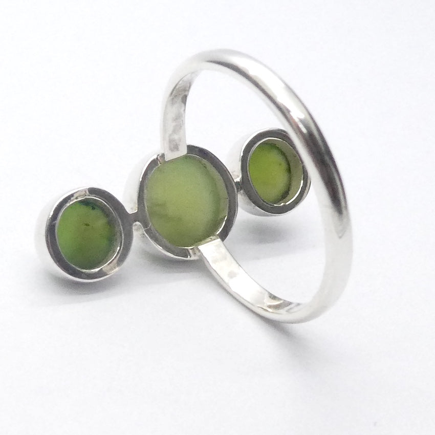 Nephrite Jade Ring | 3 round cabochons in line | 925 Sterling Silver | US Ring Size 7.25 | AUS Size O | Crystal Heart Melbourne Australia Est 1986