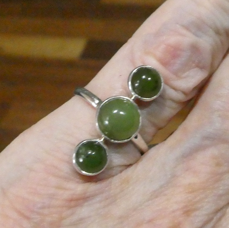 Nephrite Jade Ring | 3 round cabochons in line | 925 Sterling Silver | US Ring Size 7.25 | AUS Size O | Crystal Heart Melbourne Australia Est 1986