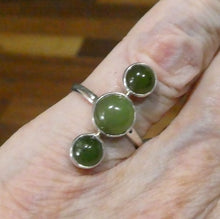 Load image into Gallery viewer, Nephrite Jade Ring | 3 round cabochons in line | 925 Sterling Silver | US Ring Size 7.25 | AUS Size O | Crystal Heart Melbourne Australia Est 1986