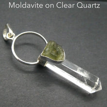 Load image into Gallery viewer, Raw Moldavite Nugget Pendant On Clear Quartz Point | 925 Sterling Silver | Genuine Gems from Crystal Heart Melbourne Australia since 1986 