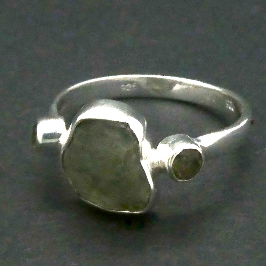 Moldavite Ring | Raw Nugget,  faceted Moldavite accents  | 925 Sterling Silver | US Size 8 | CZ Republic | Transformation | Crystal Heart Melbourne Australia 1986