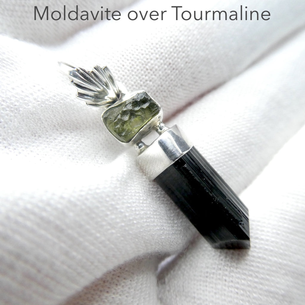 Moldavite Black Tourmaline Pendant | 925 Sterling Silver | Empower Physical | Intense Transformation | Genuine Gems from Crystal Heart Melbourne Australia 1986 