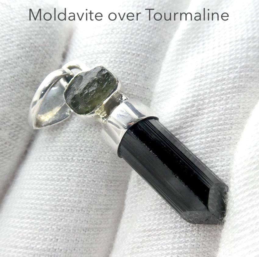 Moldavite Black Tourmaline Pendant | 925 Sterling Silver | Empower Physical | Intense Transformation | Genuine Gems from Crystal Heart Melbourne Australia 1986 