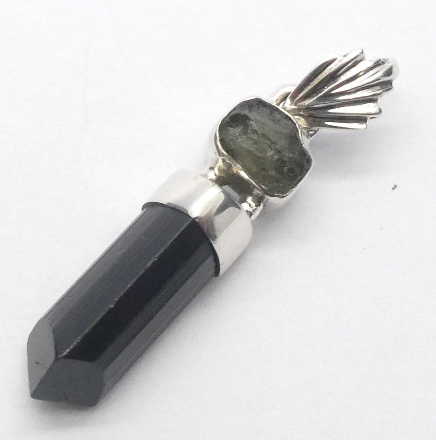 Moldadvite Nugget over Black Tourmaline Crystal, 925 Sterling Silver