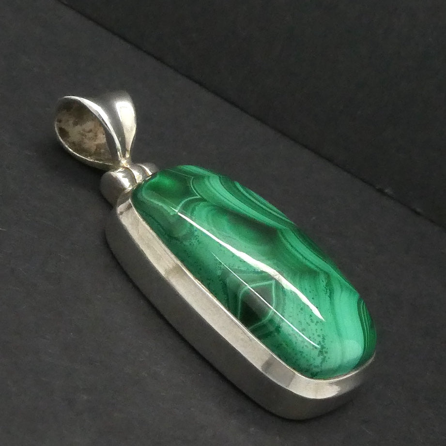 Malachite Pendant | 925 Silver | Strong Bezel Setting | Shaped & Hinged Bail | Congo | Fine Markings | Genuine Gems, Crystal Heart Melbourne Australia est 1986