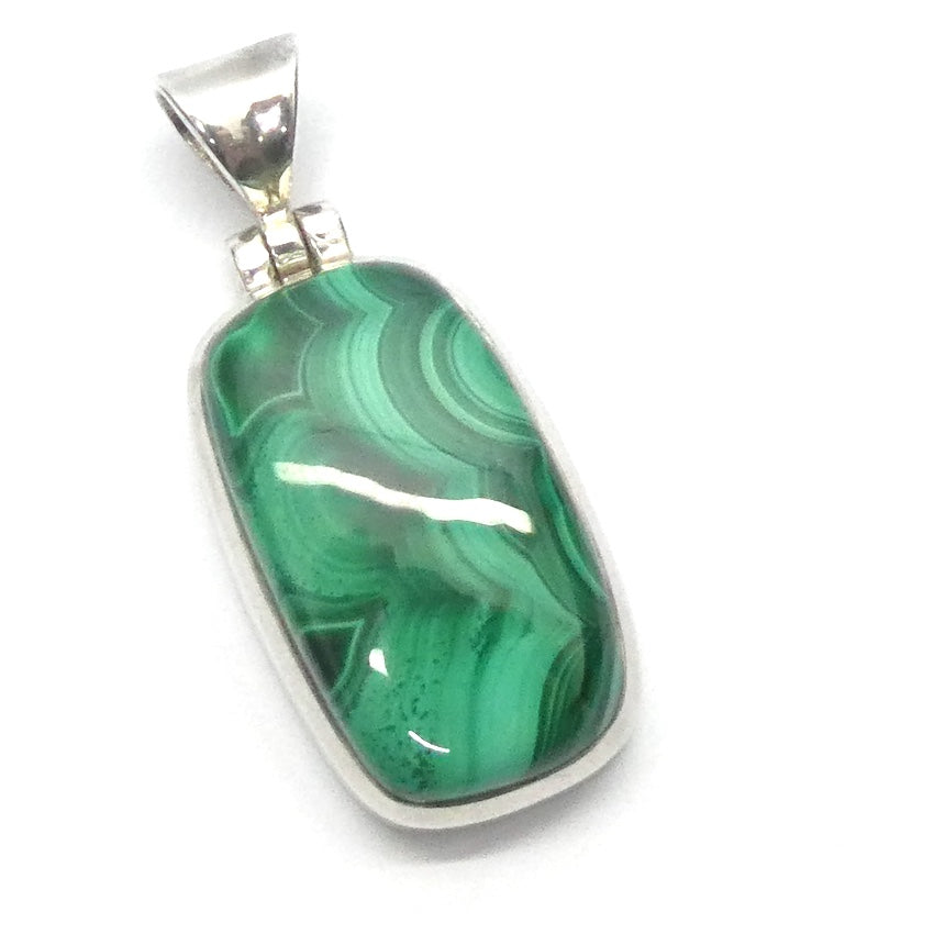 Malachite Pendant | 925 Silver | Strong Bezel Setting | Shaped & Hinged Bail | Congo | Fine Markings | Genuine Gems, Crystal Heart Melbourne Australia est 1986