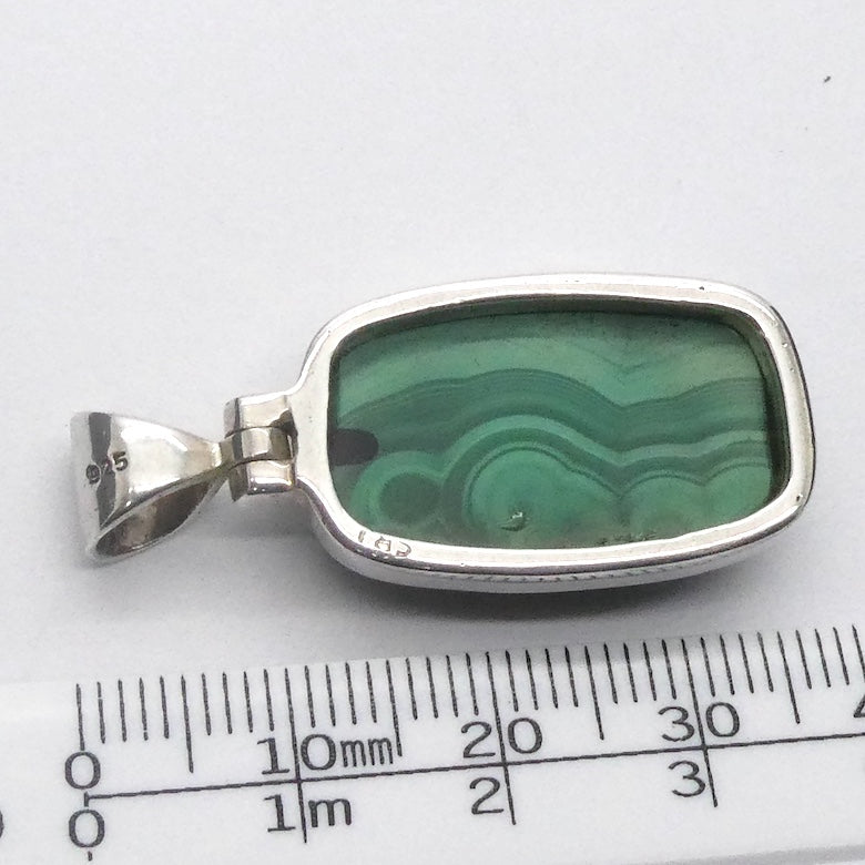 Malachite Pendant | 925 Silver | Strong Bezel Setting | Shaped & Hinged Bail | Congo | Fine Markings | Genuine Gems, Crystal Heart Melbourne Australia est 1986