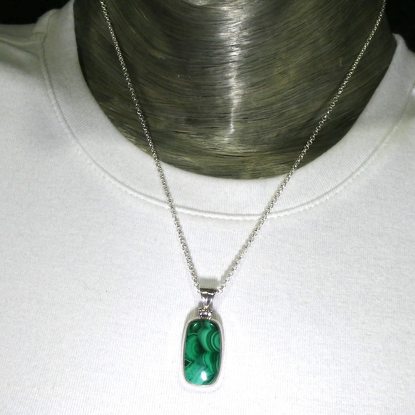 Malachite Pendant | 925 Silver | Strong Bezel Setting | Shaped & Hinged Bail | Congo | Fine Markings | Genuine Gems, Crystal Heart Melbourne Australia est 1986