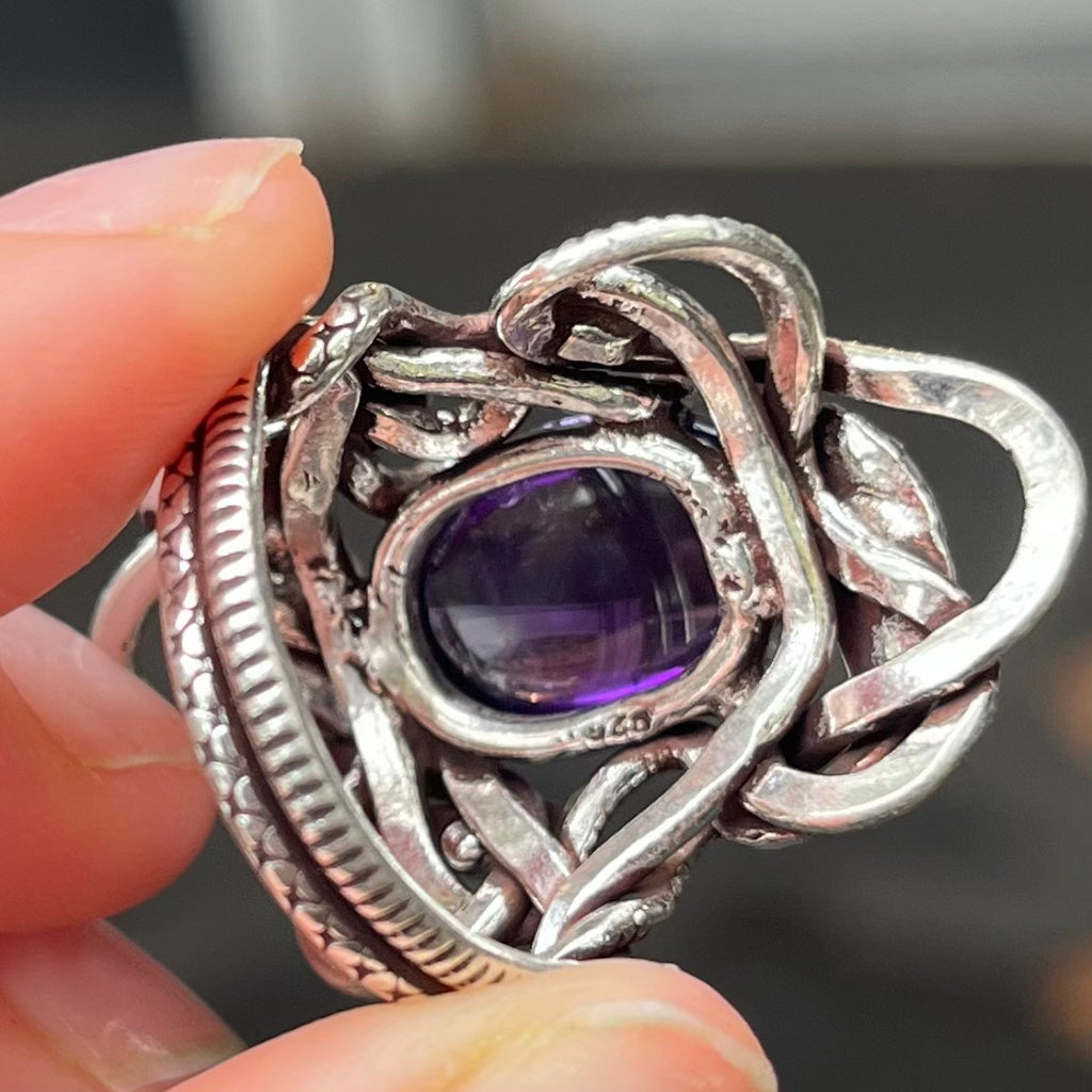 Amethyst Ring with Twined Snakes 925 Sterling Silver – Crystal Heart