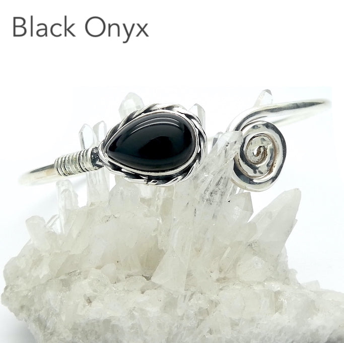 Black Onyx Gemstone Cuff Bracelet | Teardop Cabochon bezel set with detailed edging | Set on strong Silver wire ending in Celtic Spiral | Bangle Style | Bendy 925 Silver makes it adjustable Medium to Large wrist | Genuine Gemstones from Crystal Heart Melbourne Australia since 1986