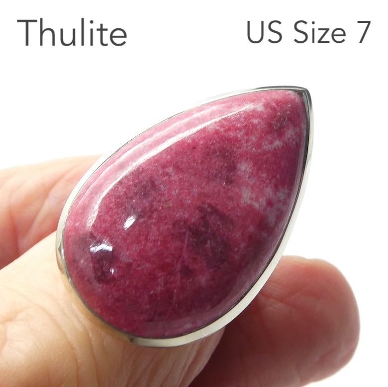 Thulite (Rosaline) Ring | Teardop Cabochon | 925 Sterling Silver | US Size 7, AUS Size N1/2 | | Perfect deep pinkish red Zoisite variety from Norway | Healing Nurturing Relationship Emotional Trauma | Public speaking | Genuine Gems from Crystal Heart Melbourne Australia since 1986