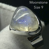 Natural Rainbow Moonstone Ring | Soft Puff Triangle Cabochon | Good Transparency with Blue Flashes | US Size 9 | Aus Size R1/2 | 925 Sterling Silver |  Cancer Libra Scorpio Stone | Genuine Gems from Crystal Heart Melbourne Australia 1986