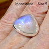 Natural Rainbow Moonstone Ring | Soft Puff Triangle Cabochon | Good Transparency with Blue Flashes | US Size 9 | Aus Size R1/2 | 925 Sterling Silver |  Cancer Libra Scorpio Stone | Genuine Gems from Crystal Heart Melbourne Australia 1986