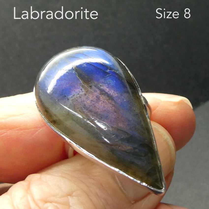 Labradorite Ring | Large Teardrop Cabochon | 925 Sterling Silver | Blue Fire | US Size 8 | AUS Size P1/2 | Sagittarius Scorpio Leo Star Stone | Genuine Gems from Crystal Heart Melbourne Australia since 1986