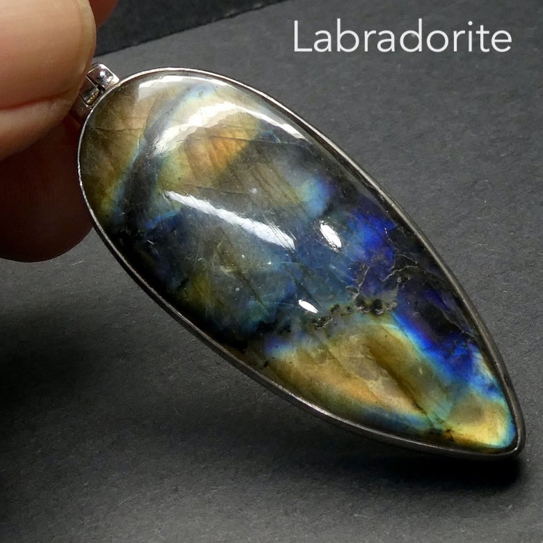 Labradorite Spectrolite Pendant | Large Teardrop Cabochon | 925 Sterling Silver | Blues and Golds Flashing Fire | Sagittarius Scorpio Leo Star Stone | Genuine Gems from Crystal Heart Melbourne Australia since 1986