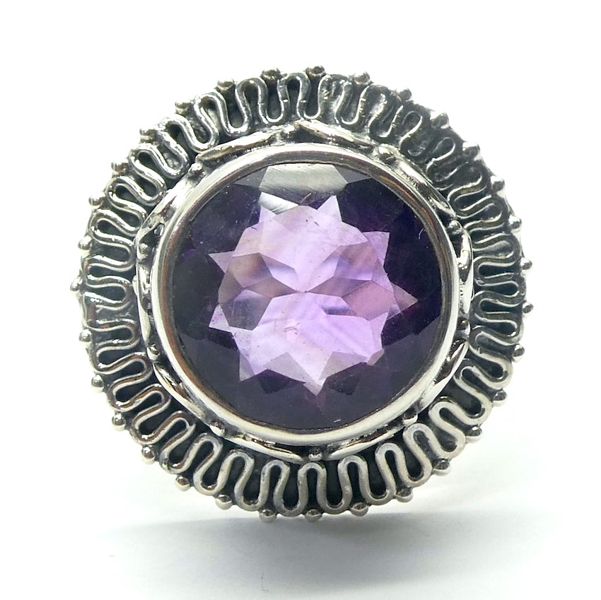 Amethyst Ring | Deep Faceted Round | 925 Sterling silver | Bezel set with detailed surround | US size 6.5 | AUS Size M1/2 | Genuine Gems from Crystal Heart Melbourne Australia since 1986