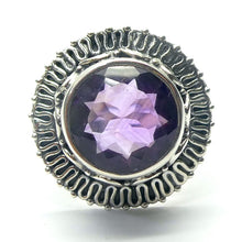 Load image into Gallery viewer, Amethyst Ring | Deep Faceted Round | 925 Sterling silver | Bezel set with detailed surround | US size 6.5 | AUS Size M1/2 | Genuine Gems from Crystal Heart Melbourne Australia since 1986