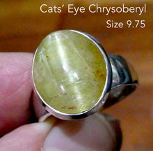 Load image into Gallery viewer, Cat&#39;s Eye Chrysoberyl Ring | Bright Yellow with hint of Green  | 925 Sterling Silver | Simple well made setting | Bezel Set | Open Back | US Size 9.75 | AUD Size V | Energise | Protect | Focus Thought | Positive | Genuine Gems from Crystal Heart Melbourne Australia since 1986