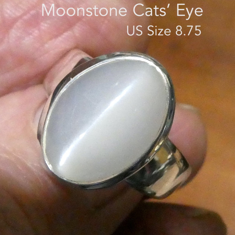 Moonstone Ring | Oval Cabochon | Polished to emphasise the cats eye chatoyancy | US Size 8.75  | Aus Size R | 925 Sterling Silver |  Cancer Libra Scorpio Stone | Genuine Gems from Crystal Heart Melbourne Australia 1986