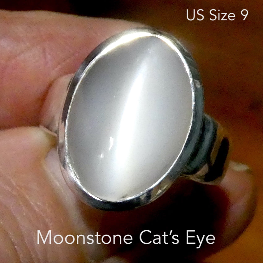 Moonstone Ring | Oval Cabochon | Polished to emphasise the cats eye chatoyancy | US Size 9  | Aus Size R1/2 | 925 Sterling Silver |  Cancer Libra Scorpio Stone | Genuine Gems from Crystal Heart Melbourne Australia 1986