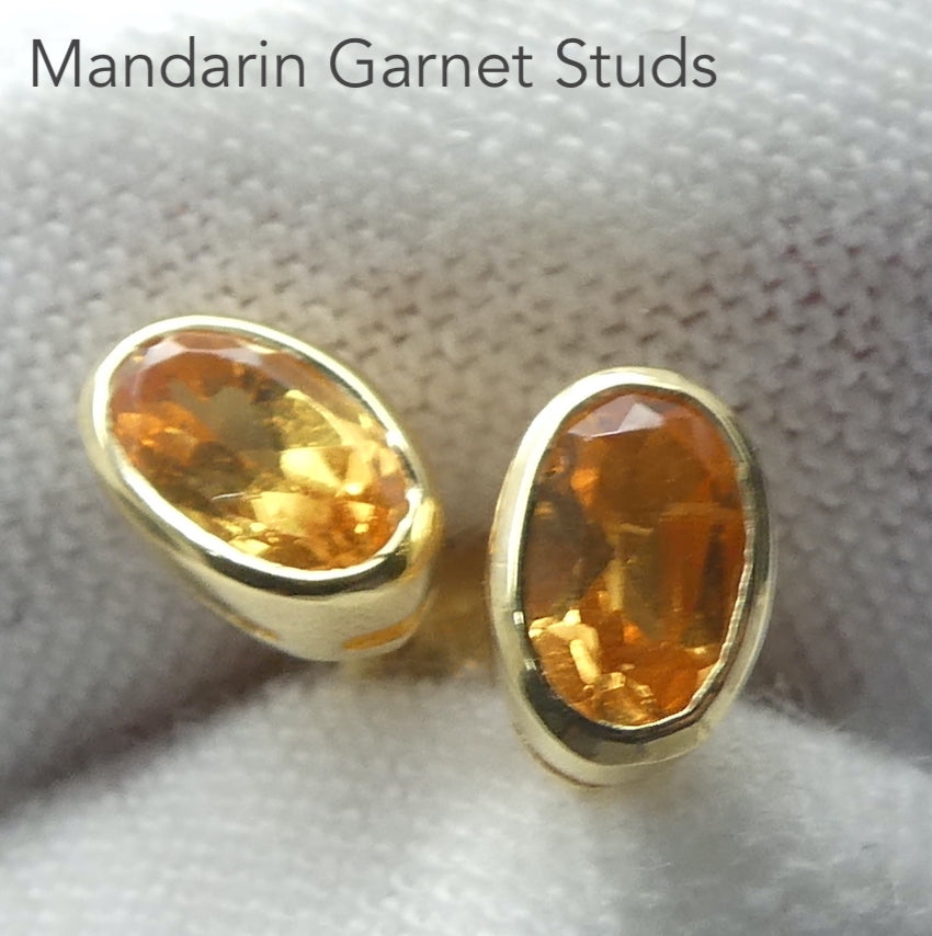 Genuine Mandarin Garnet Stud Earrings | Dainty Faceted Ovals | Gold Plate on 925 Sterling Silver | Vermeil | Prosperity, Creativity & Joy | Genuine Gems from Crystal Heart Melbourne Australia since 1986