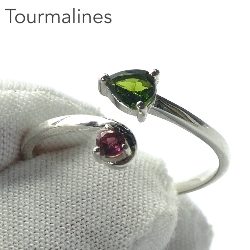 Tourmaline Ring | Two Faceted Sones | Green Teardrop | Red Round | 925 Sterling | Adjustable | US Size 5, 6, 7, 8 | Supercharge and unblock the heart | Emotional Clarity | Self Empowerment | Genuine Gems from Crystal Heart Australia since 1986