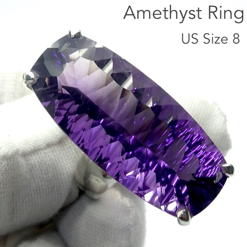 Amethyst Ring | Long Faceted Oblong Gemstone | AAA Grade | Deep cut | Special fancy cut on reverse | 925 Sterling Silver | US Size 8 | AUS Size P1/2 | Mesmerising Beauty | Quality Silver Work | Genuine Gems from Crystal Heart Melbourne Australia since 1986