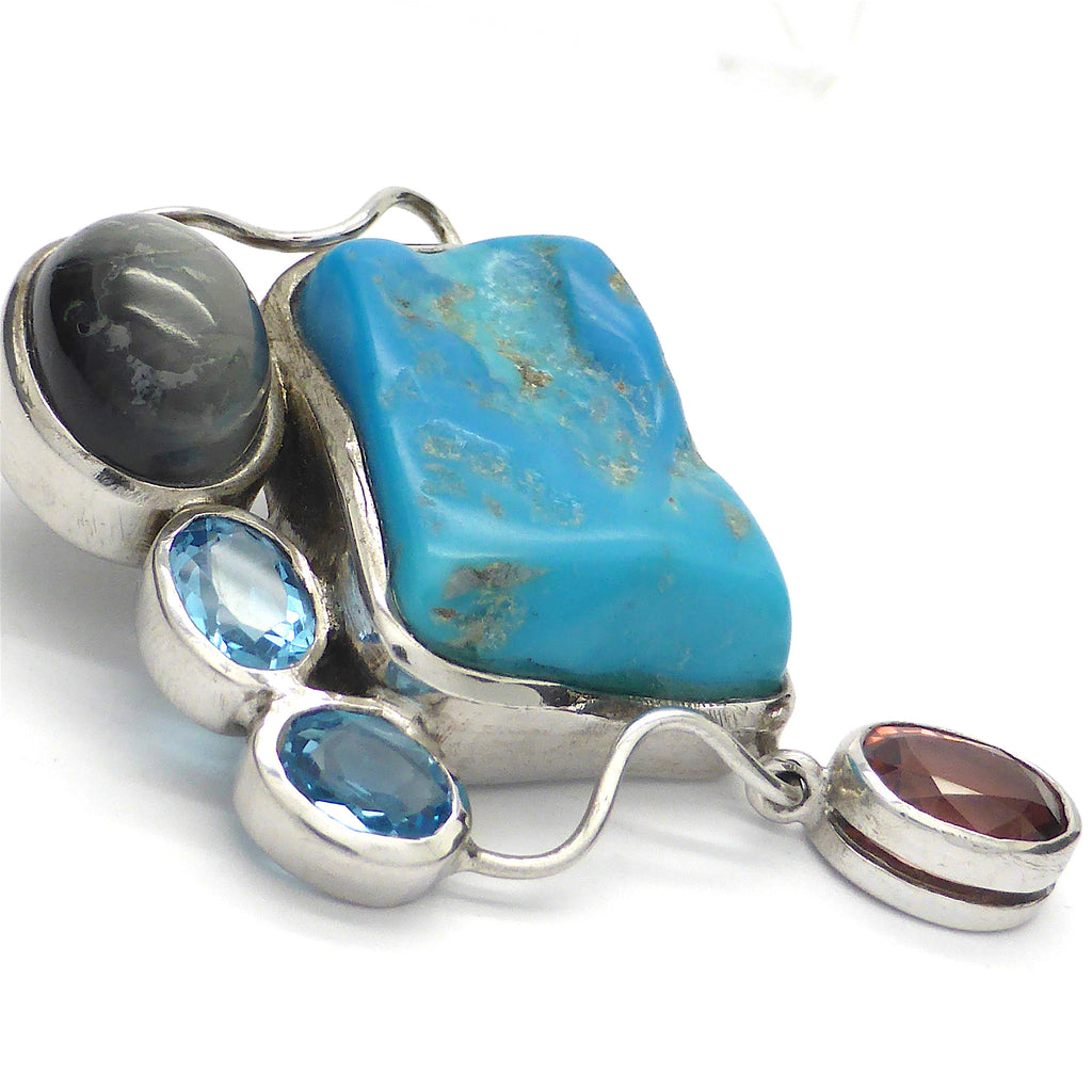 Pendant Arizona Turquoise with Cats Eye, Topaz, Pink Tourmaline | 925 Sterling Silver | White Gold Plate |Crystal Heart Melbourne since 1986