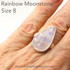 Ring Rainbow Moonstone | Teardrop Cabochon | 925 Silver | Curved besel | Hammered Shank | US Size 8  | Cancer Libra Scorpio | Crystal Heart Melbourne Australia 1986